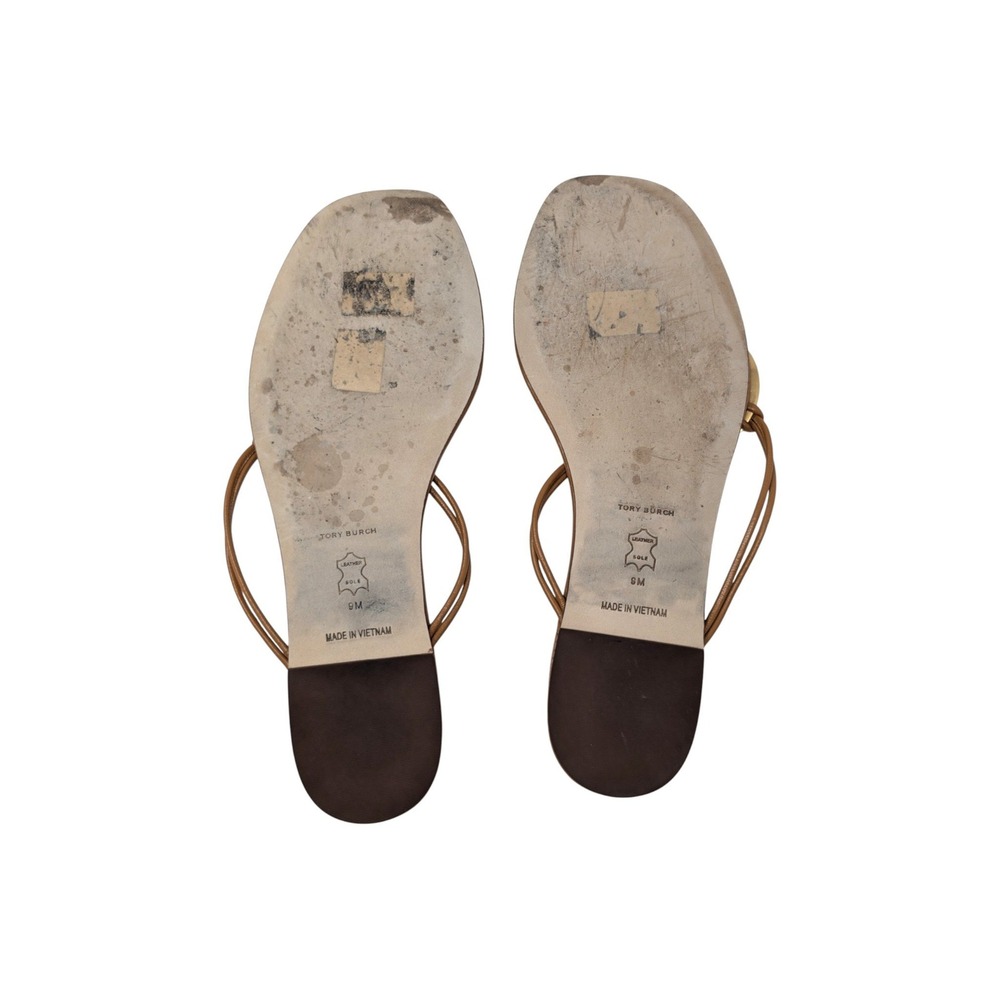Tory Burch Patos Caramel Leather Gold Disc Thong Sandals Size 9M - Picture 6 of 7